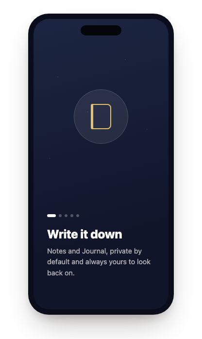 Onboarding screen: Write it down — Notes and Journal, private by default and always yours to look back on