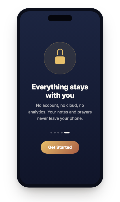 Onboarding screen: Everything stays with you — no account, no cloud, no analytics