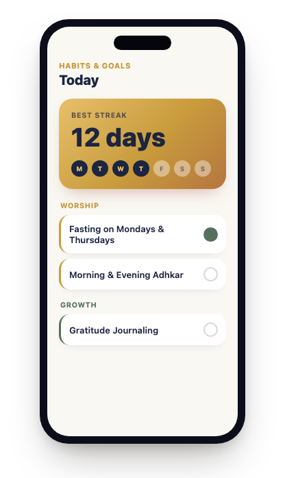 Zahra Habits & Goals screen, showing a 12-day best streak and today's worship and growth checklist