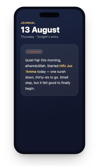 Zahra Journal screen, showing a gratitude entry from a Qur'an memorization session